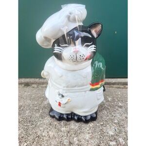Vintage Tuxedo Cat Chef Ceramic Cookie Jar with Mouse in Pocket White Black 11in